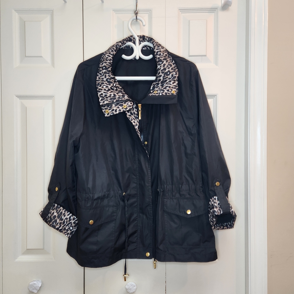[XXL]‎ Black Utility Jacket with Leopard Print Trim Size XXL